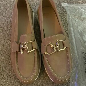 Women's Tan Loafers with Gold Buckle